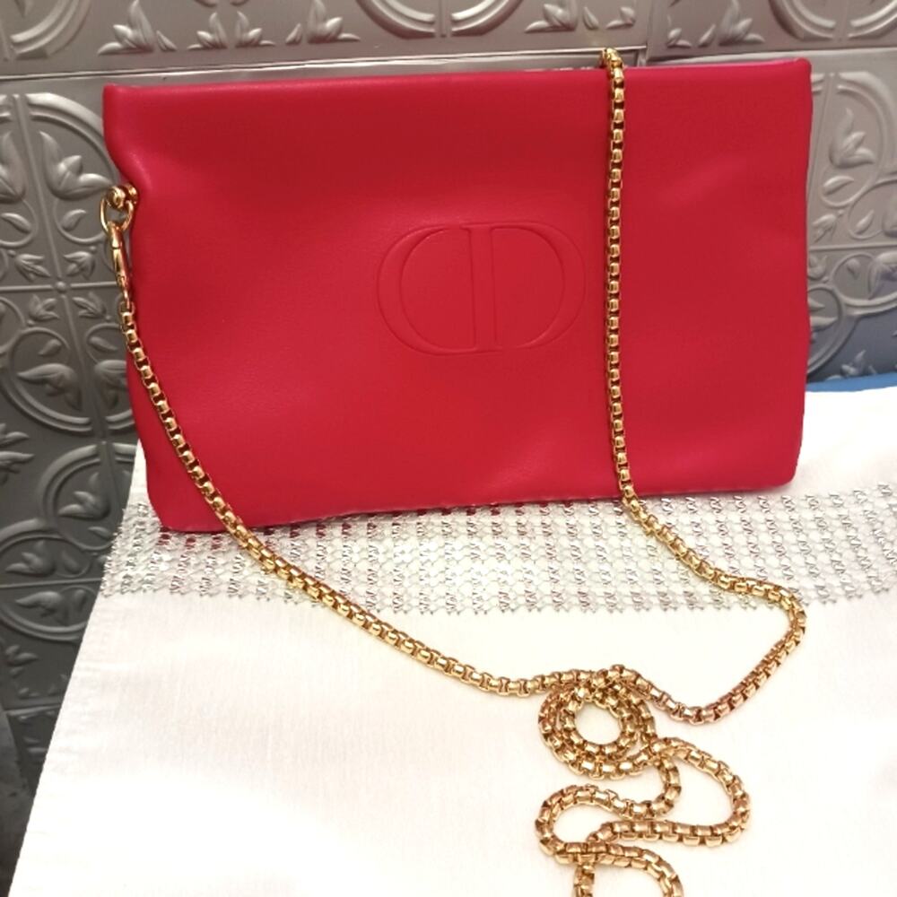 DIOR Crossbody Red Pink REVERSIBLE Shoulder Bag Flat Beaute Cosmetic Converted - Picture 2 of 16